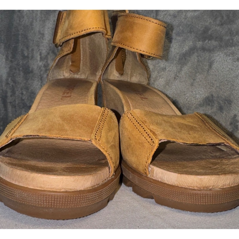Sorel women Sz 7.5 Joanie II Brown Leather Wedge Heel Sandals neutral minimalist - Picture 3 of 9
